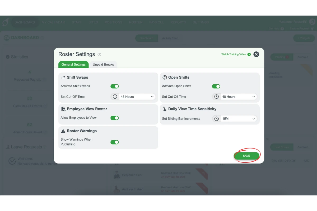 Screenshot showing the Save button in RosterElf for confirming the chosen shift swap cut-off