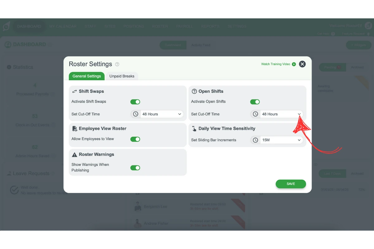 Screenshot illustrating the shift swap cut-off time options in RosterElf