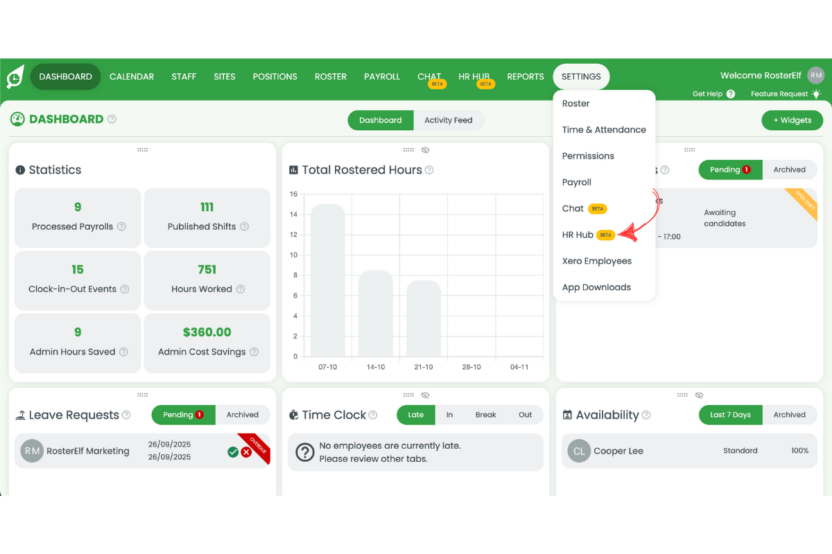 HR Hub settings menu