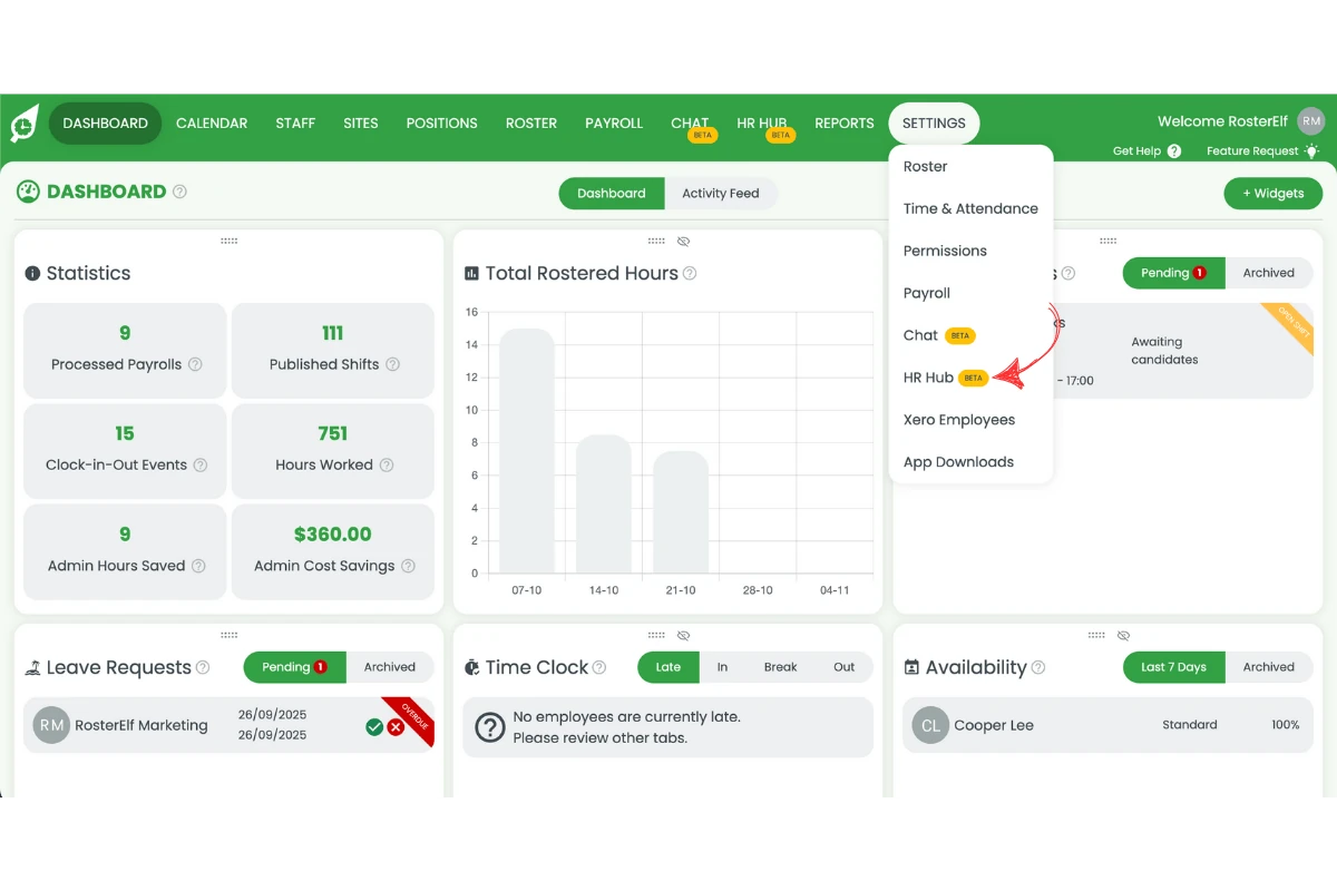 HR Hub settings menu