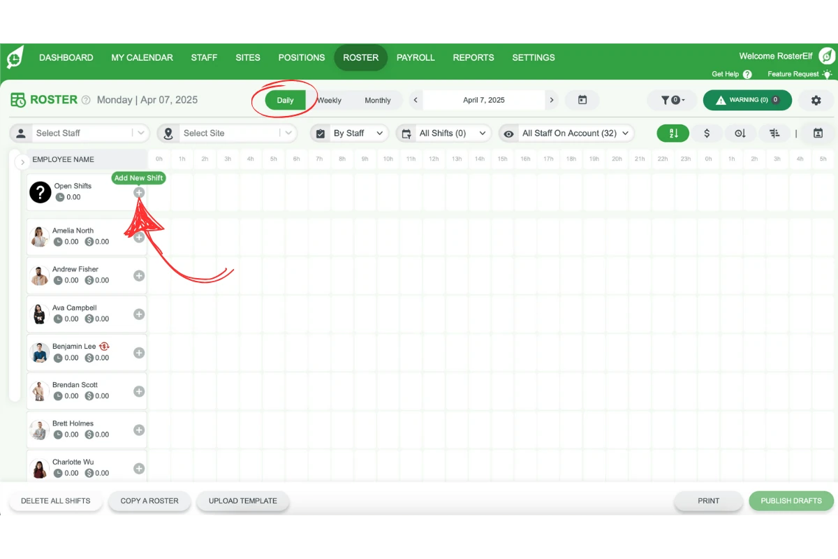 Screenshot highlighting the Daily View option in RosterElf