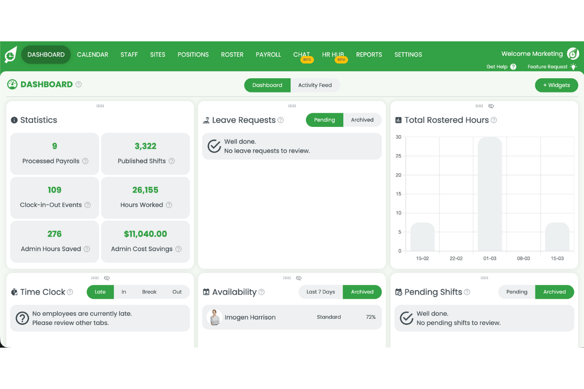RosterElf dashboard home screen