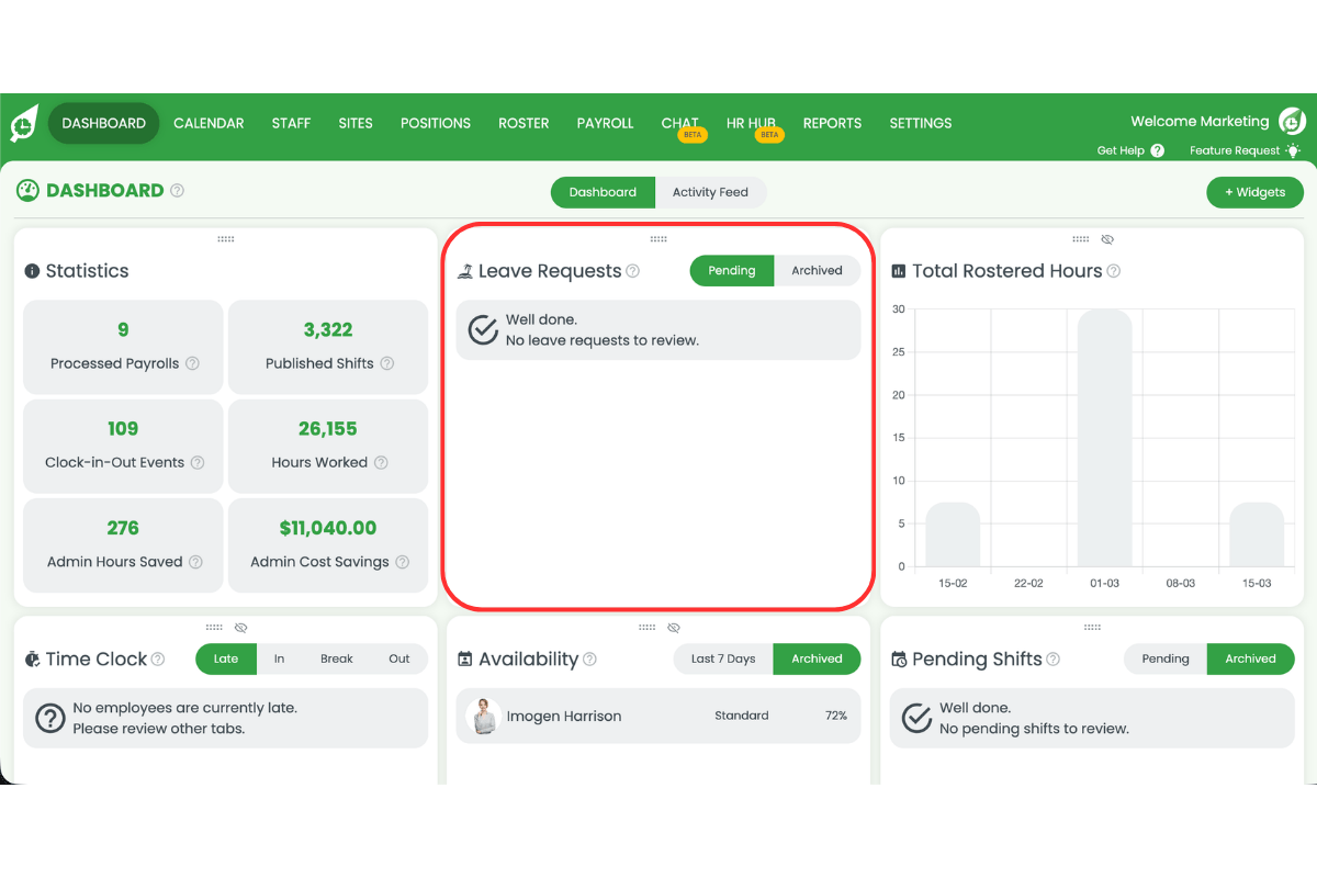 Leave widget on the RosterElf dashboard