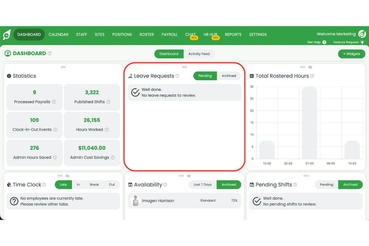 Leave widget on the RosterElf dashboard