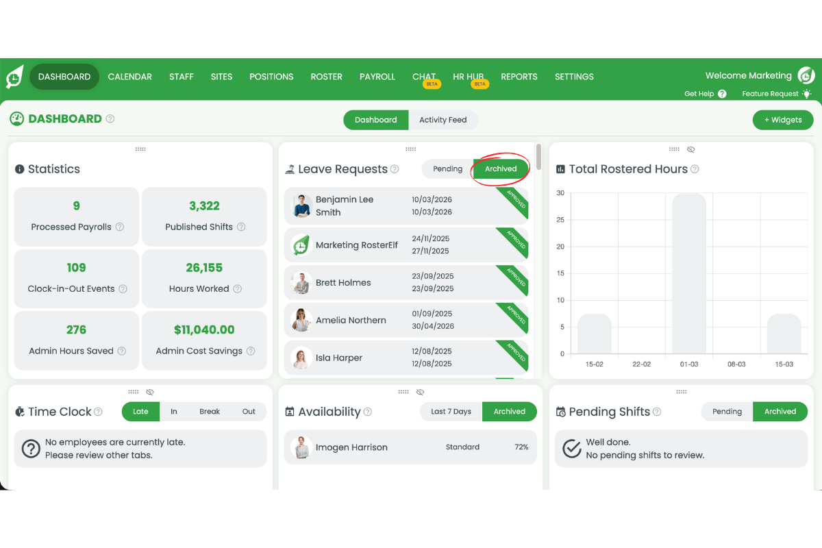 Archived tab selected in the leave widget