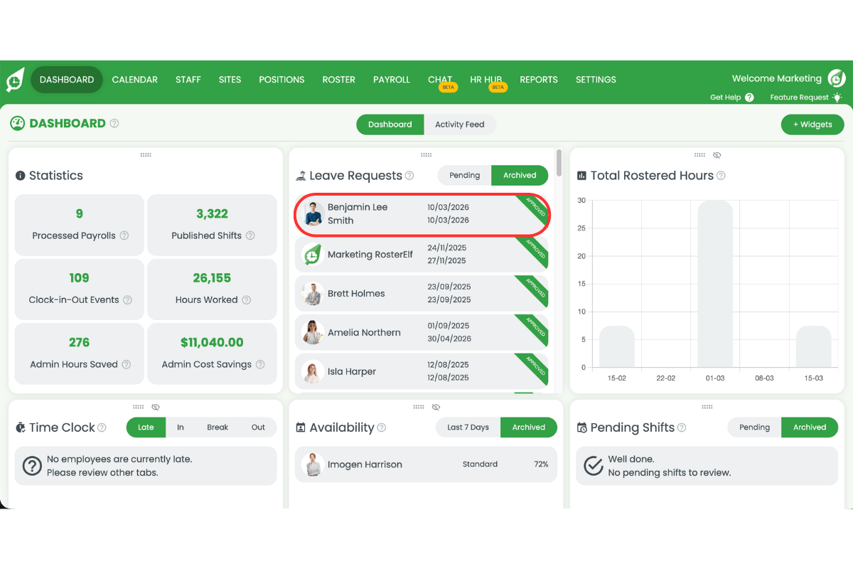 Sick leave request listed in the archived leave tab