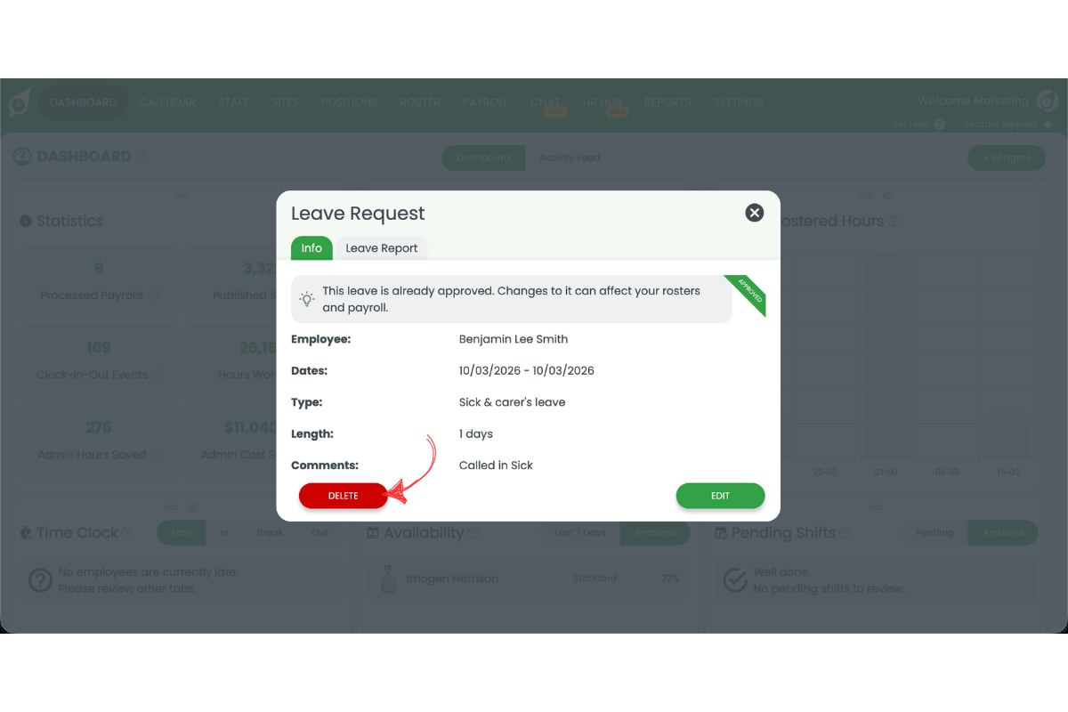 Delete button for removing the sick leave request