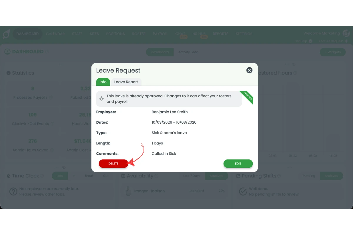 Delete button for removing the sick leave request