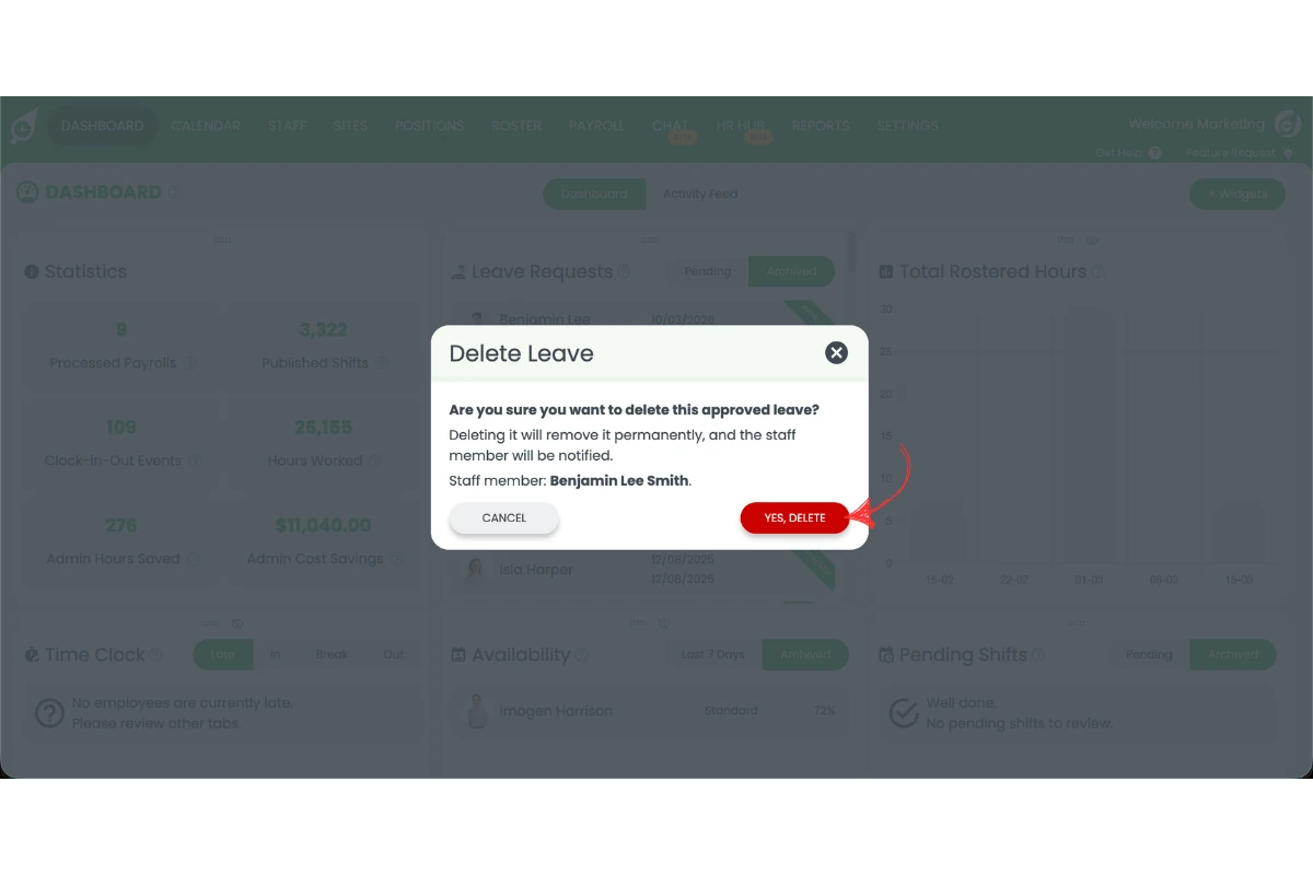 Confirmation dialog with Yes, Delete button to confirm removal