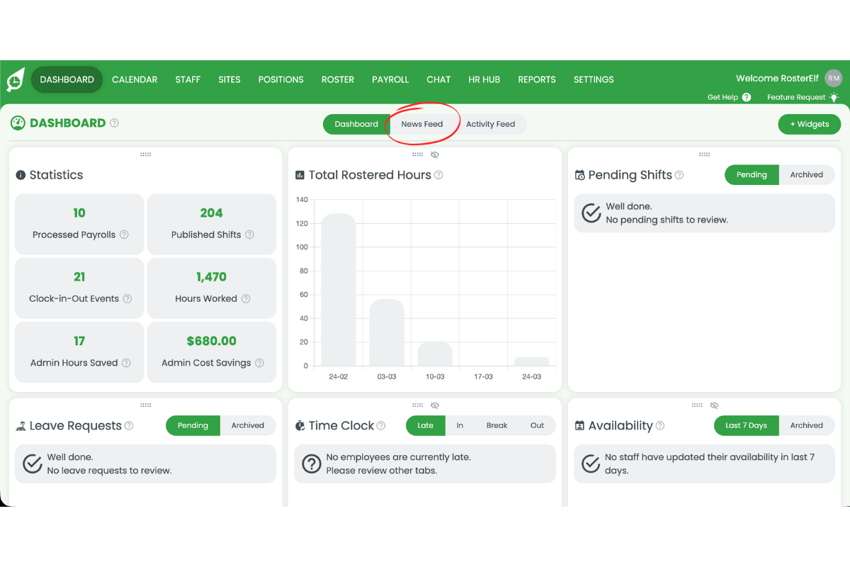 RosterElf dashboard with the News Feed tab highlighted in a red circle at the top centre of the screen