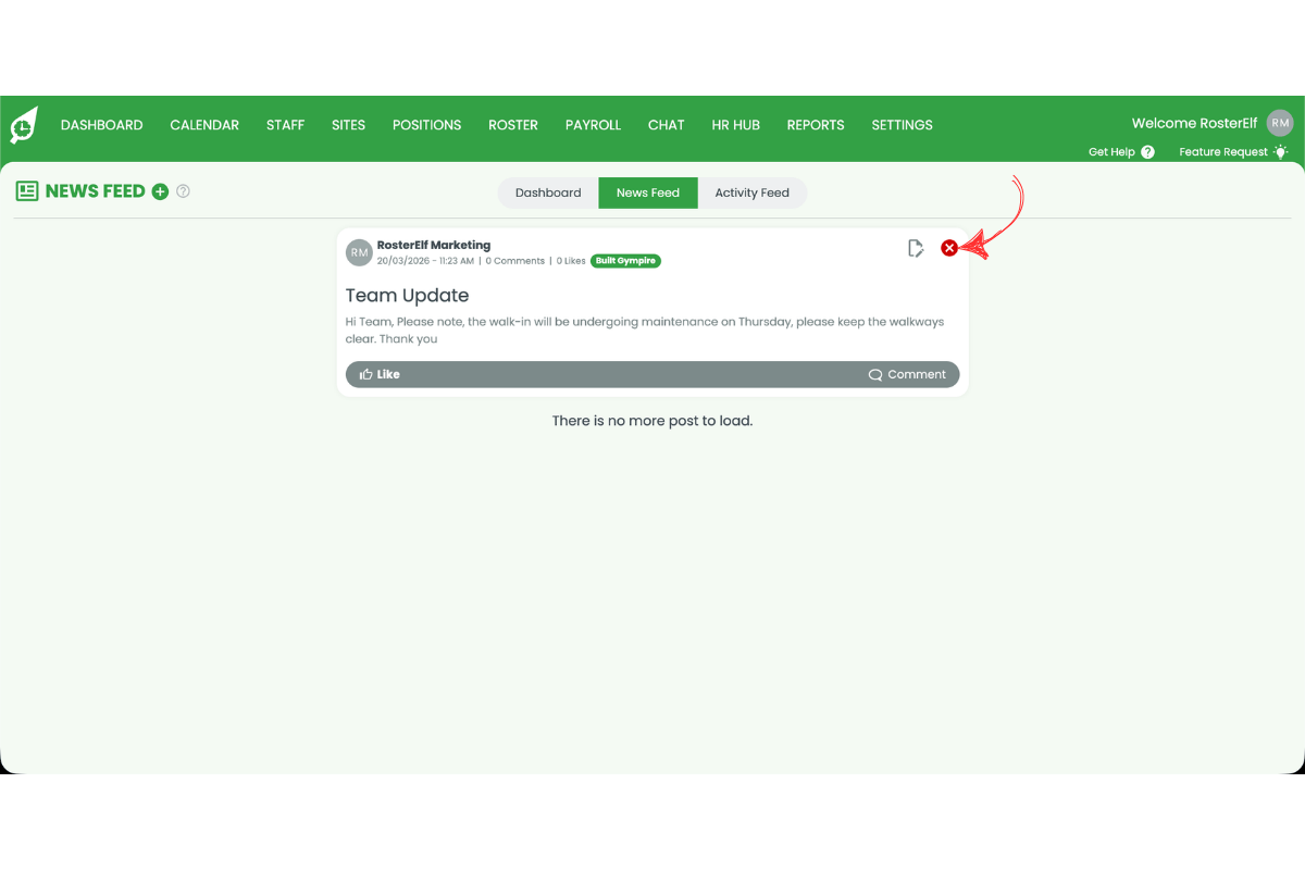 RosterElf News Feed showing a post titled 'Team Update' with a red arrow pointing to the red X delete icon in the top-right corner of the post
