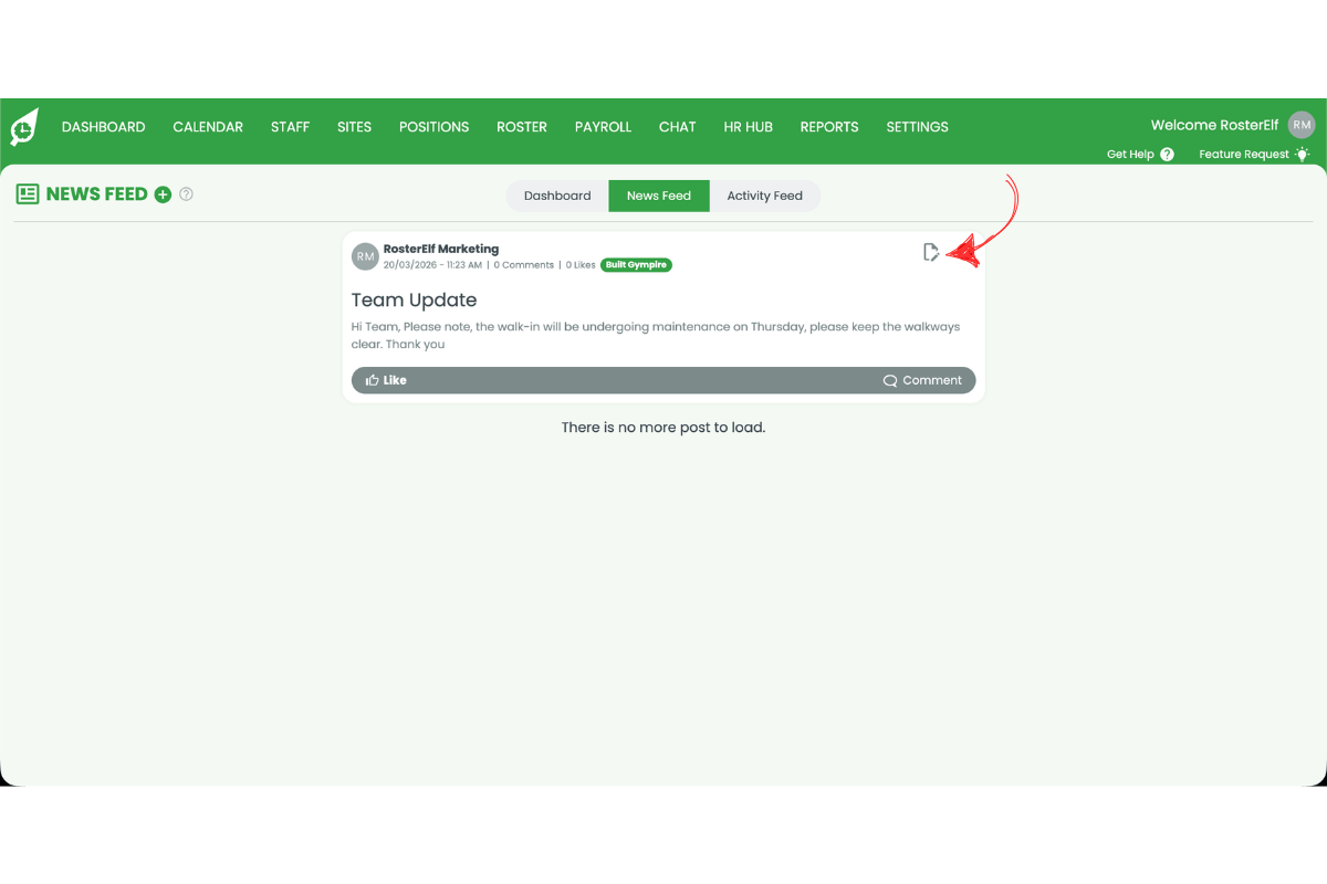 RosterElf News Feed showing a post titled 'Team Update' with a red arrow pointing to the pencil edit icon in the top-right corner of the post
