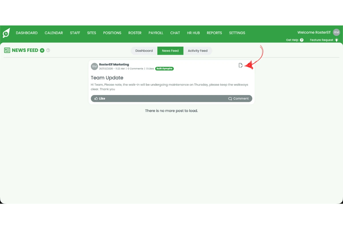 RosterElf News Feed showing a post titled 'Team Update' with a red arrow pointing to the pencil edit icon in the top-right corner of the post