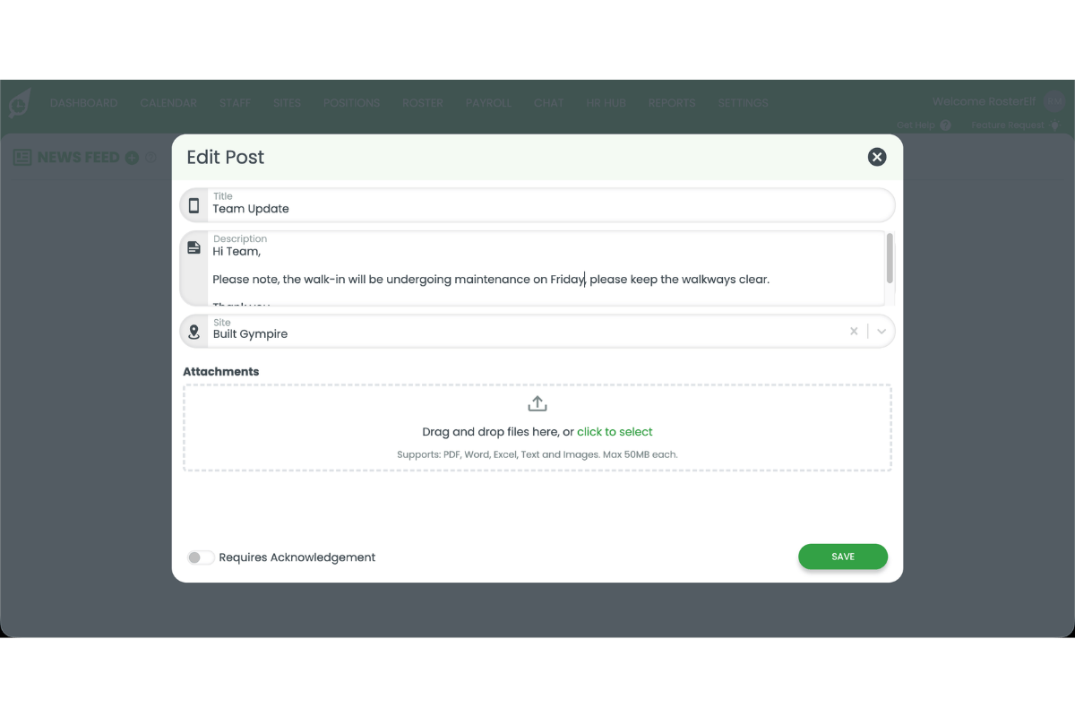 RosterElf Edit Post modal showing the Title field with 'Team Update', the Description field with the post body text, and the Site field showing 'Built Gympire'