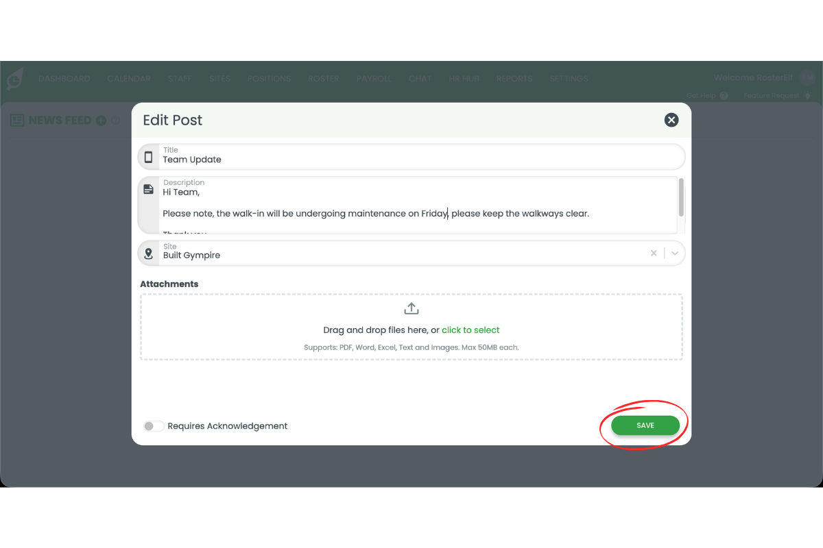 RosterElf Edit Post modal with the green Save button highlighted in a red circle at the bottom right