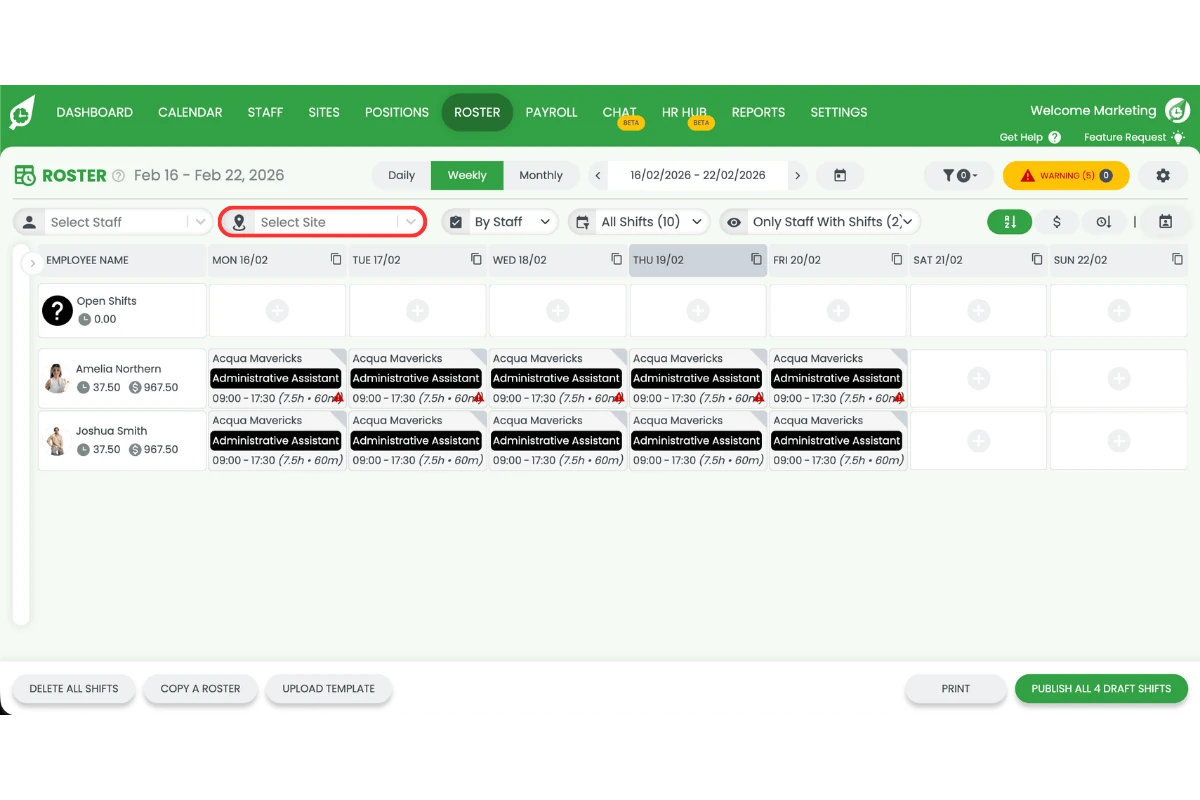 Site selection dropdown in roster view