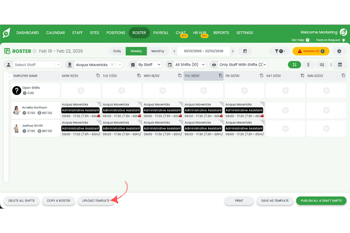 Upload template button in roster view