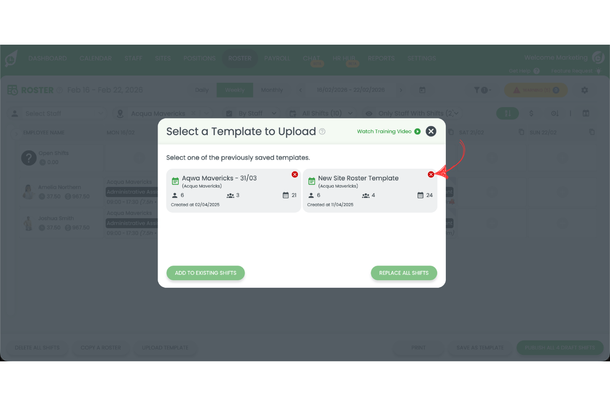 Red X button next to roster template in list