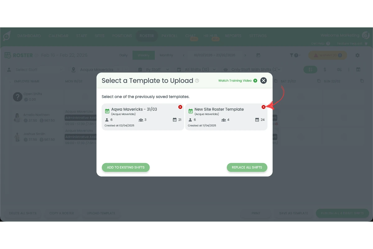 Red X button next to roster template in list