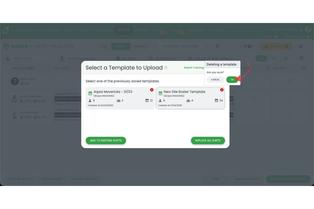 Confirmation dialog for deleting roster template