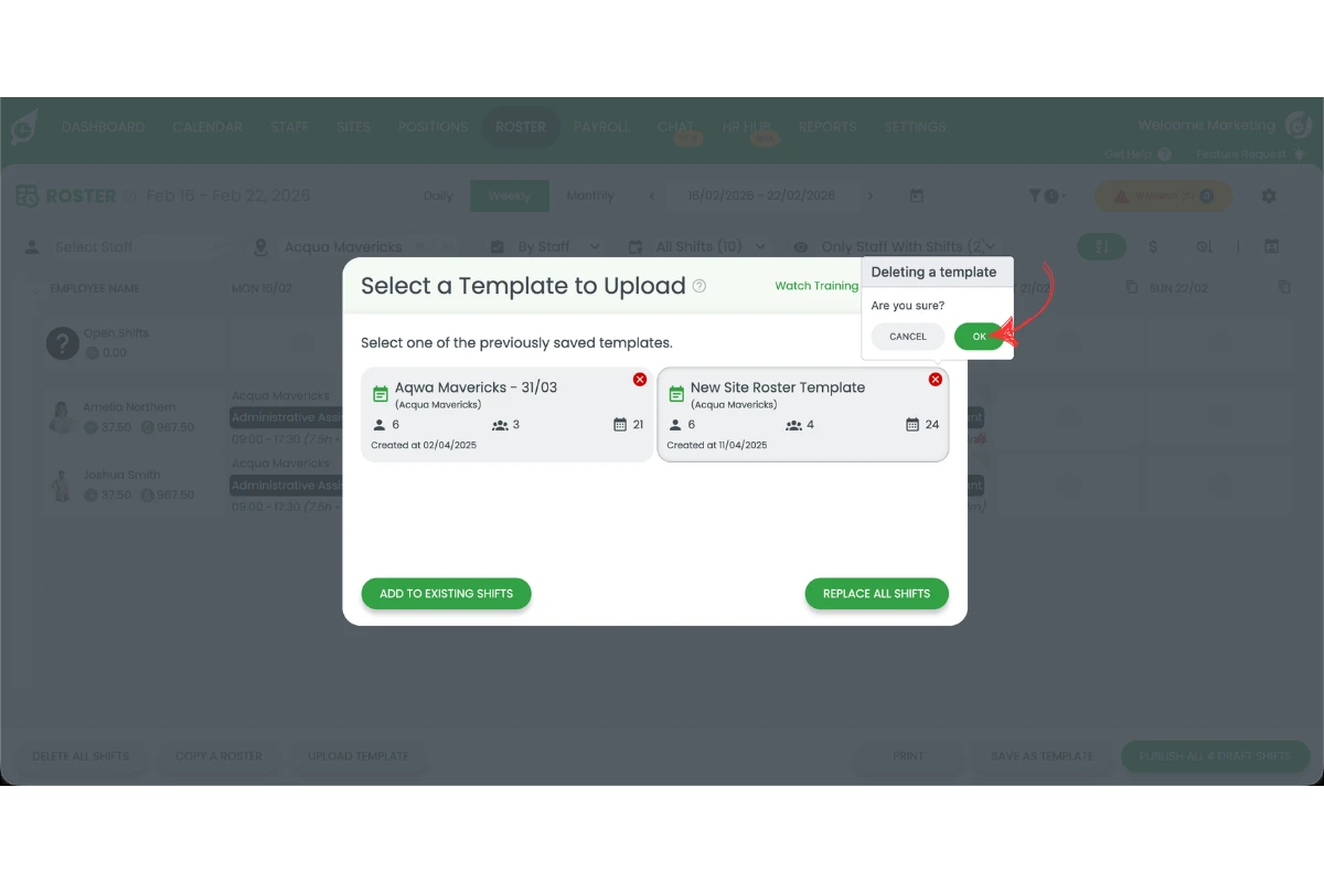 Confirmation dialog for deleting roster template