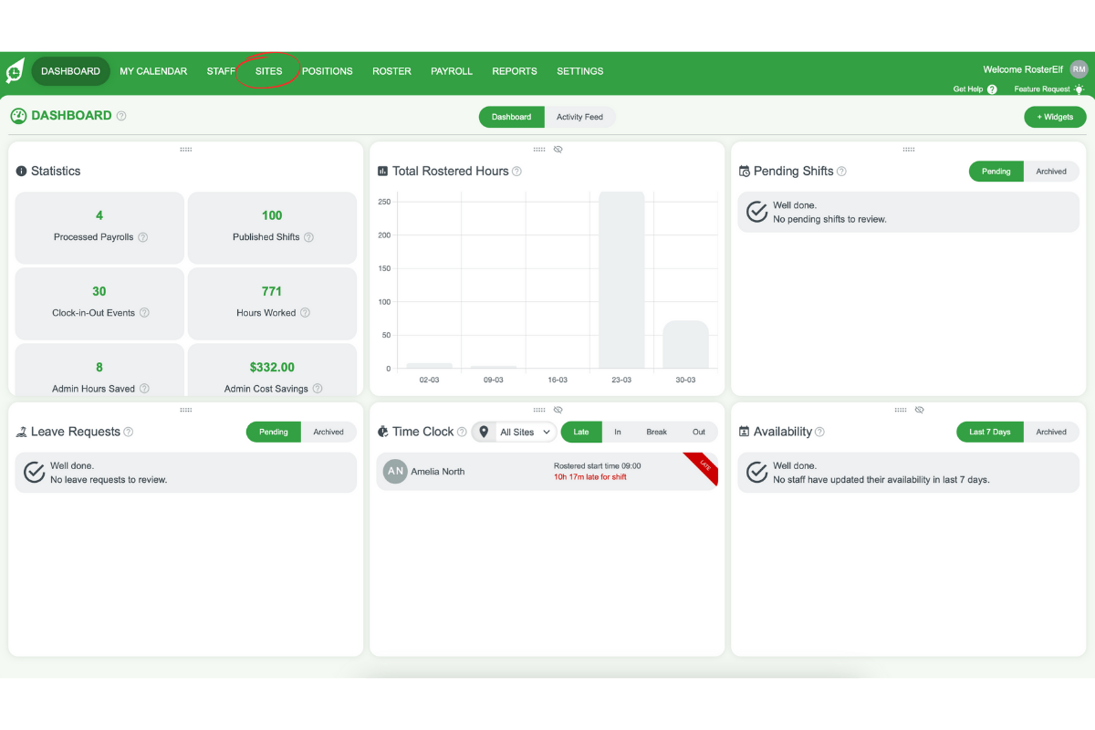 Sites tab in RosterElf top menu