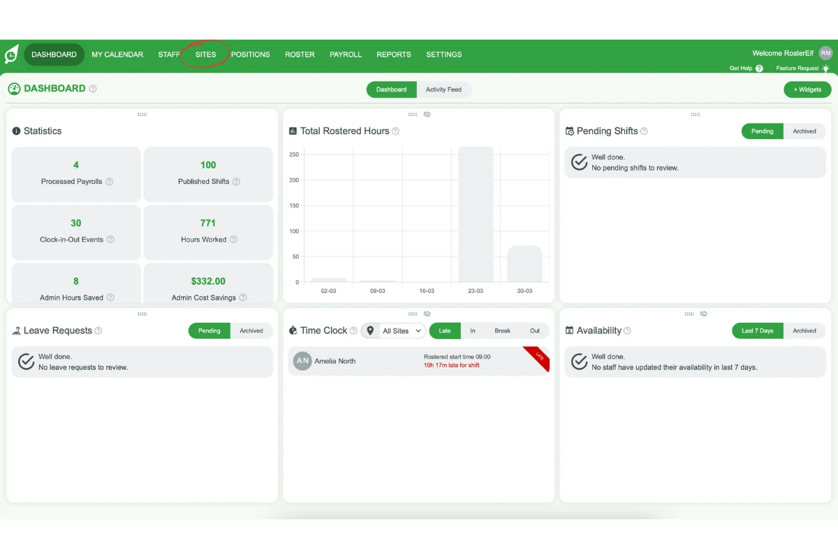 Sites tab in RosterElf top menu