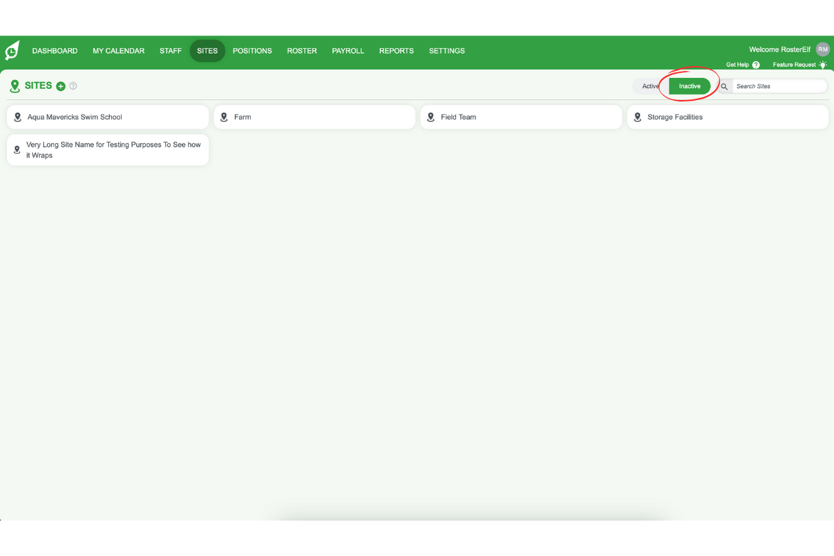 Inactive tab in the Sites section