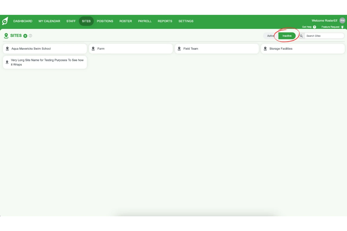 Inactive tab in the Sites section