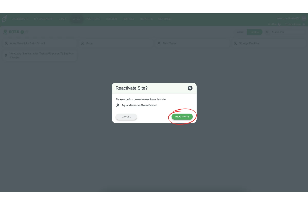 Confirmation window with a Reactivate button