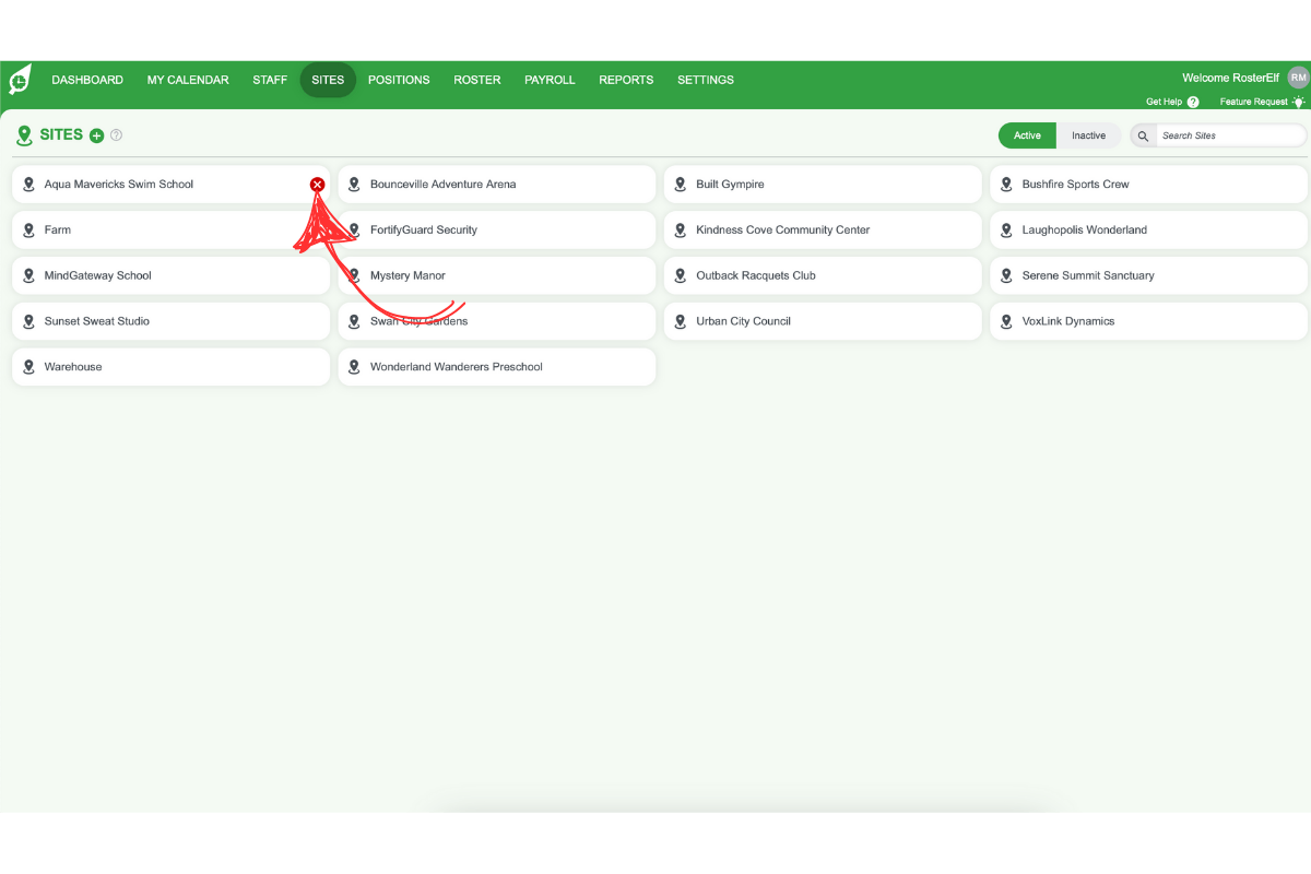 Hovering over a site with a red X icon to delete