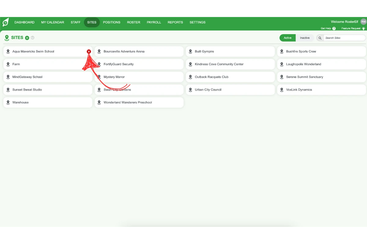 Hovering over a site with a red X icon to delete