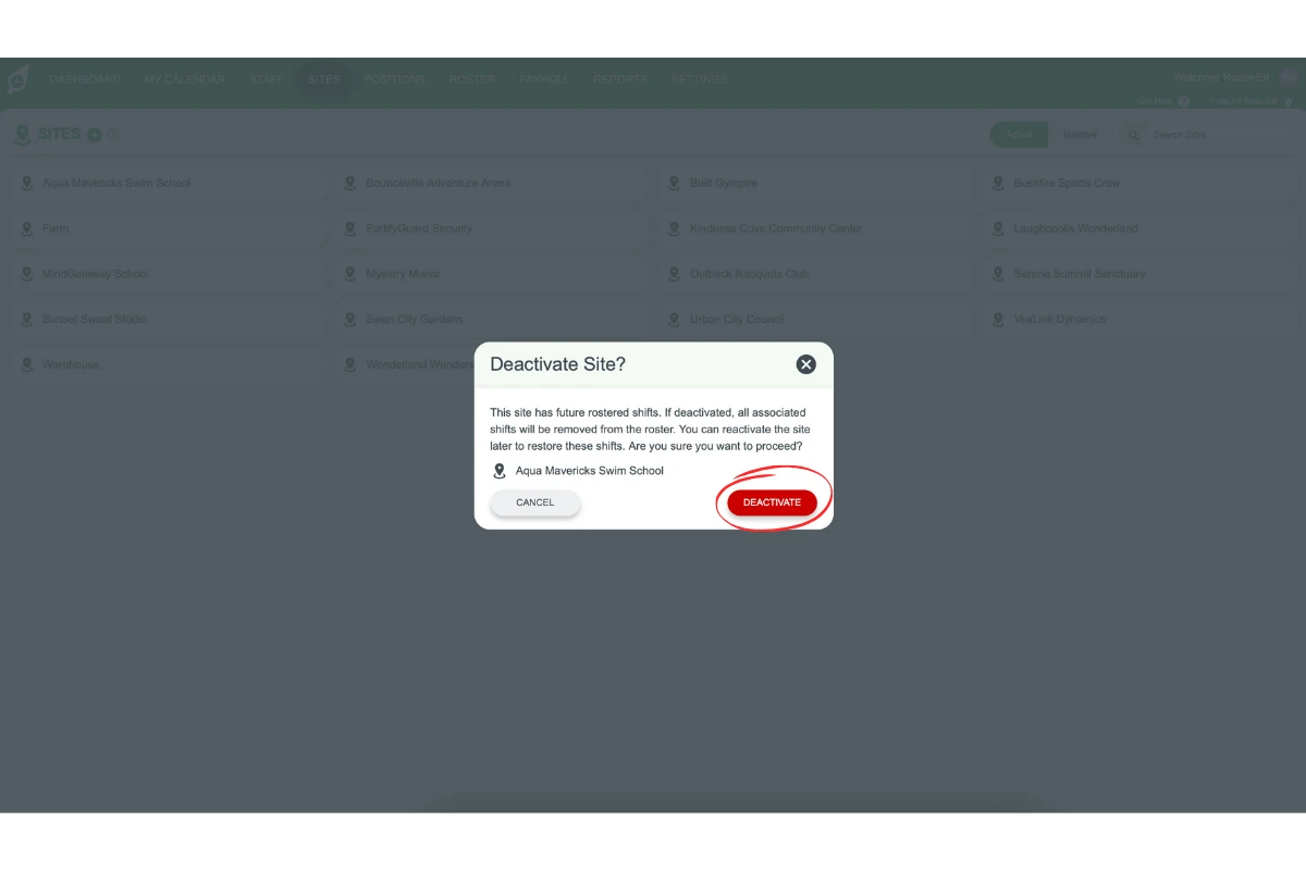 The Deactivate Site? confirmation window with the DEACTIVATE button circled