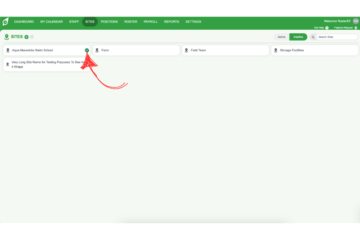 Hovering over an inactive site with a green tick icon