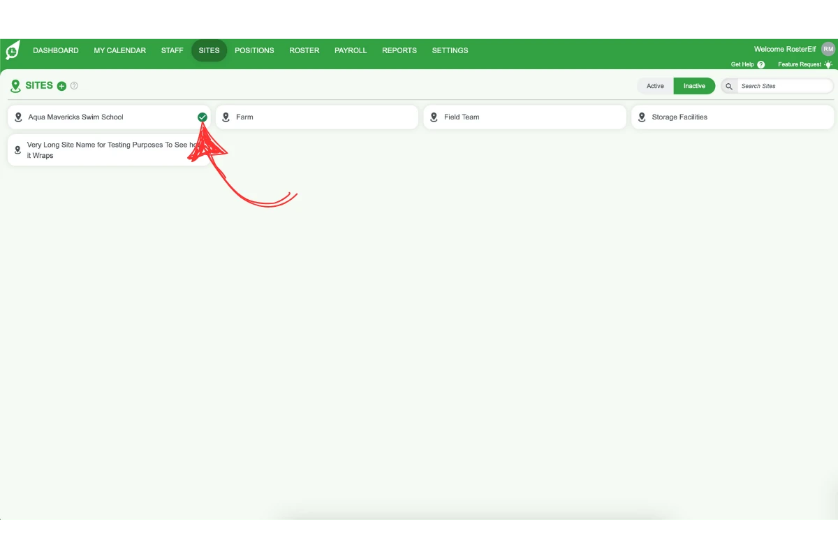 Hovering over an inactive site with a green tick icon