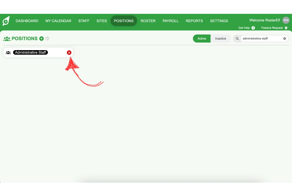 Screenshot of the X button for deleting the selected position