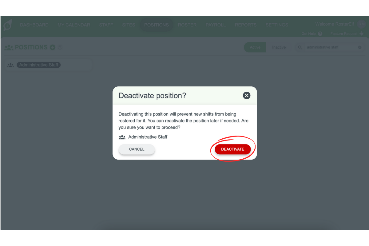 Screenshot of the delete confirmation pop-up to deactivate the position