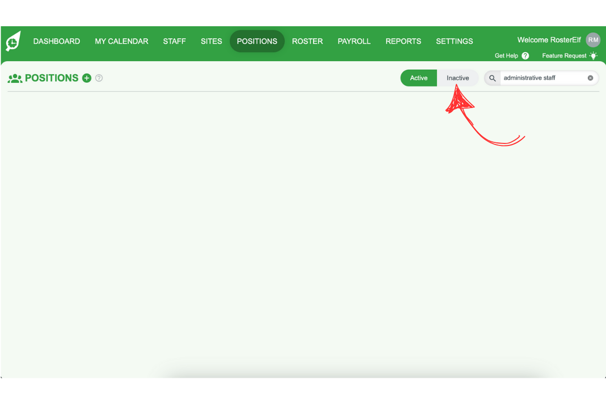 Screenshot of the Inactive button for viewing deleted positions
