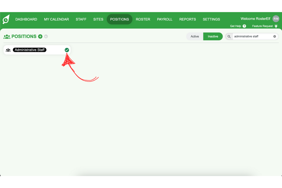 Screenshot showing the green tick icon to reactivate a deleted position