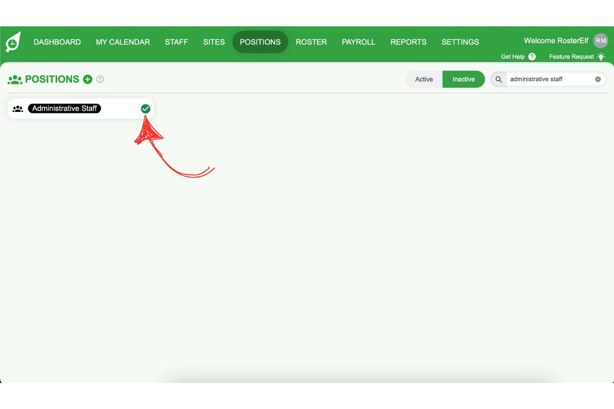 Screenshot showing the green tick icon to reactivate a deleted position