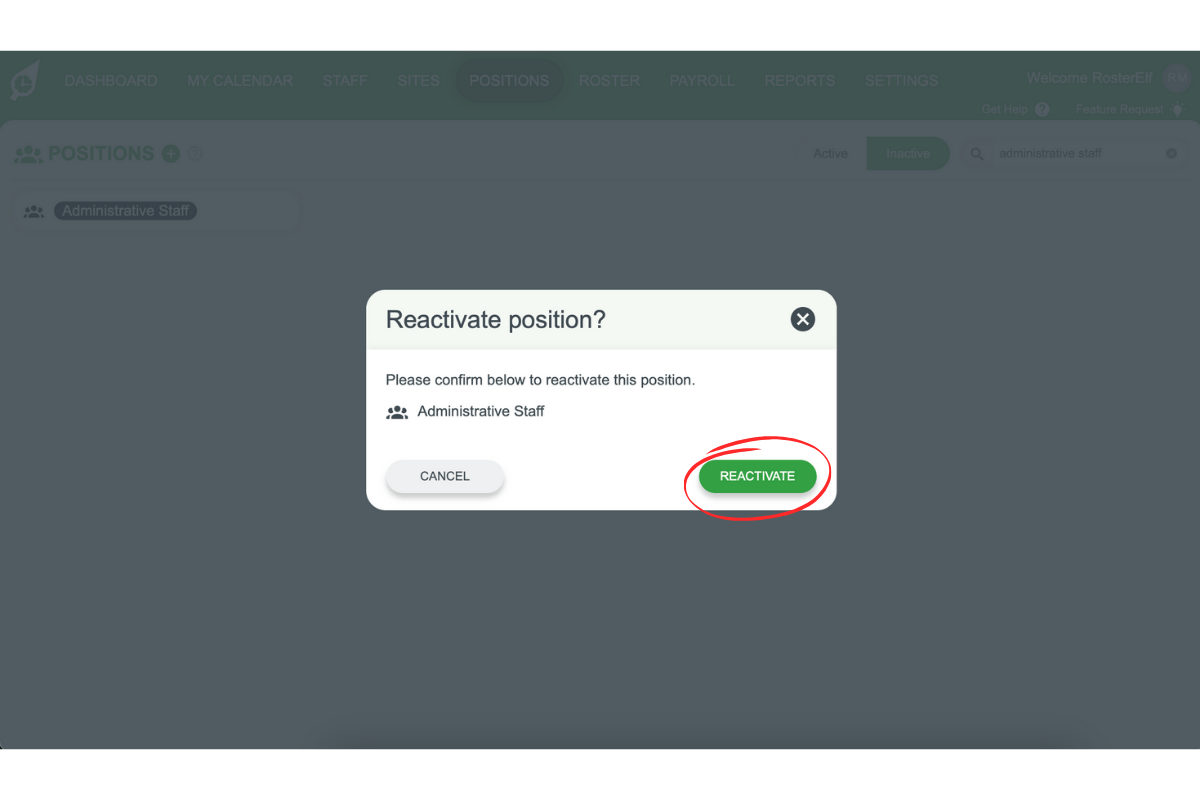 Screenshot of the reactivation confirmation pop-up