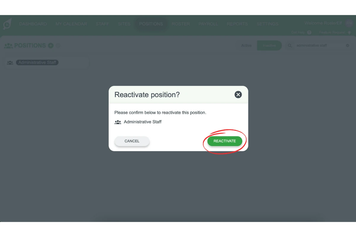 Screenshot of the reactivation confirmation pop-up