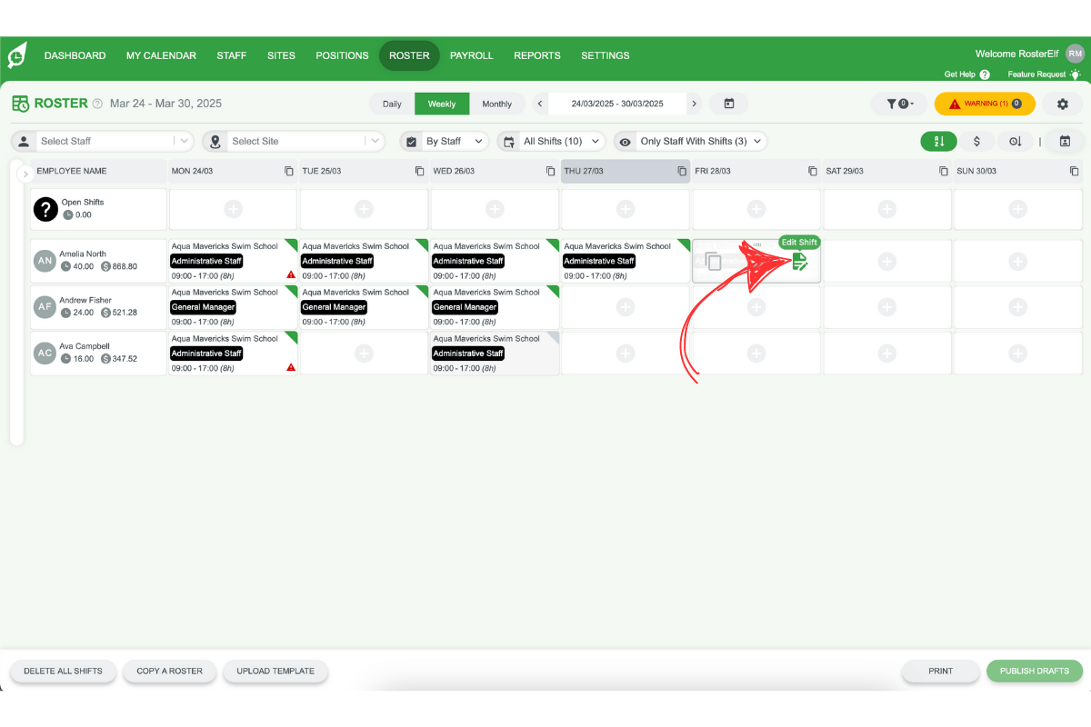 RosterElf - Hover over shift for Edit Shift option