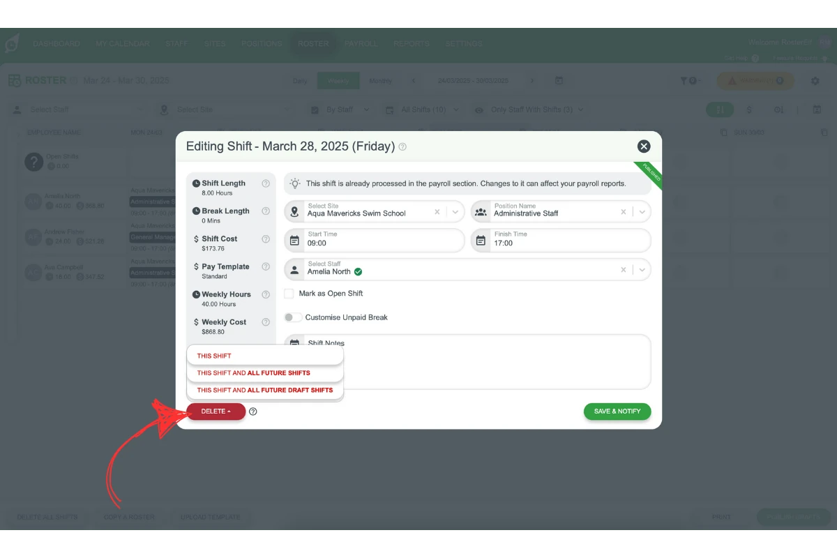 RosterElf - Update Shift modal with Delete option