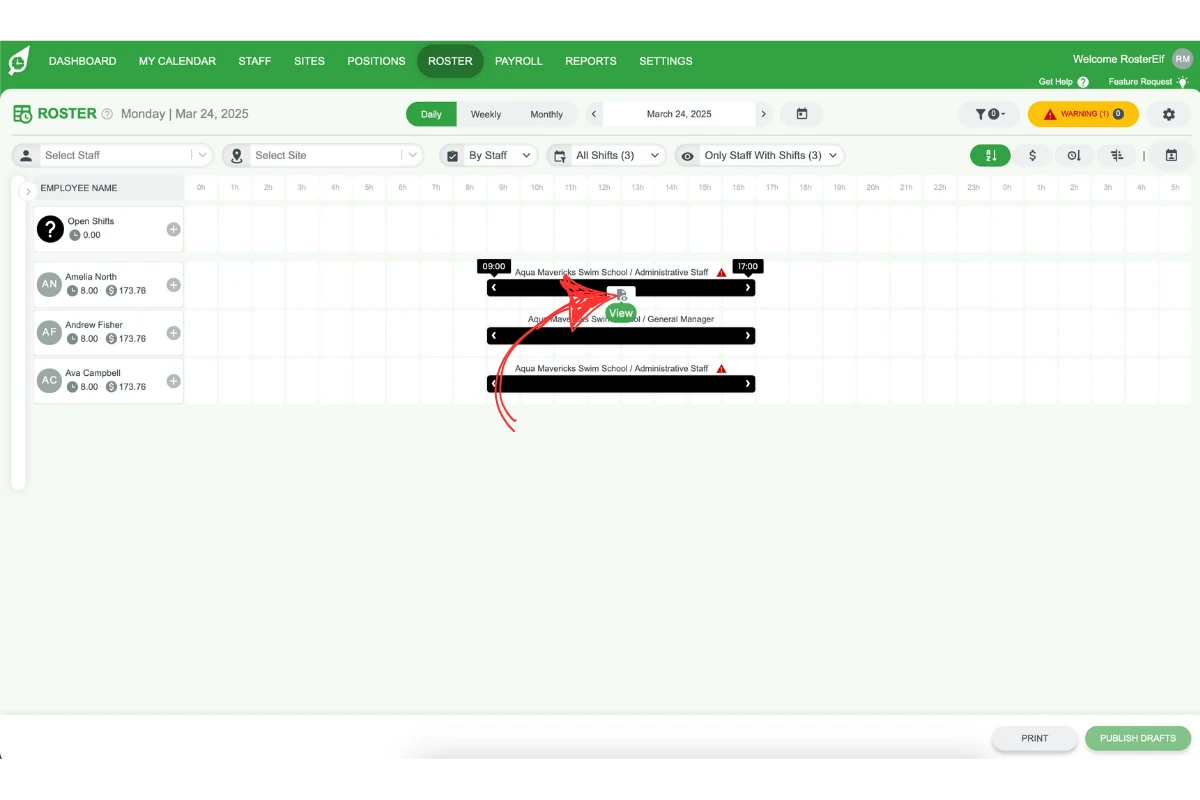 RosterElf - Daily view shift with View button