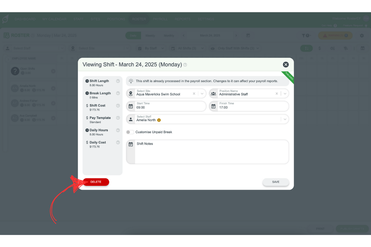 RosterElf - Delete button in Shift modal