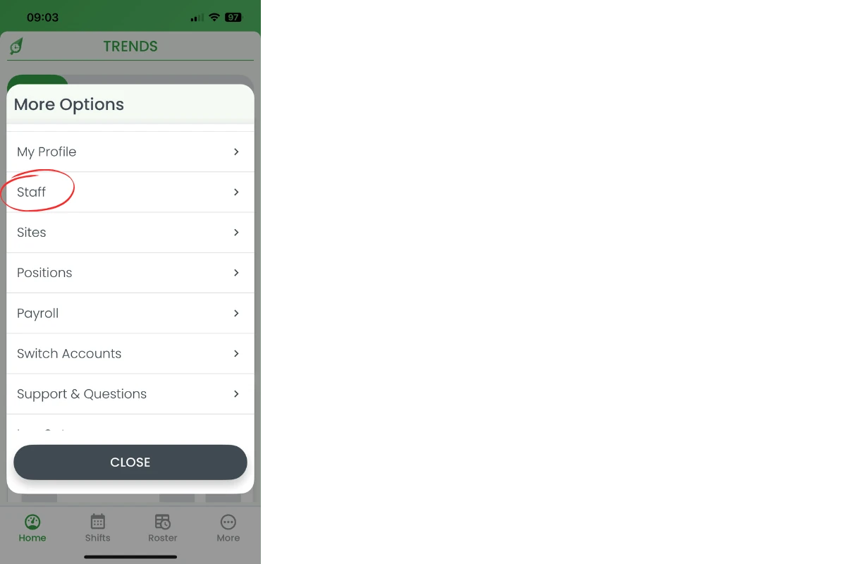 Screenshot showing the Staff option in the More menu