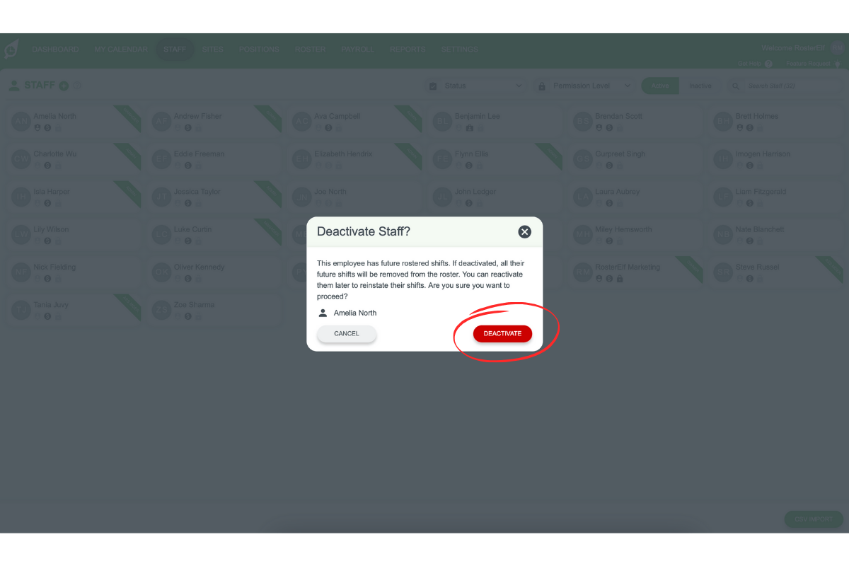 Screenshot of the Deactivate confirmation popup