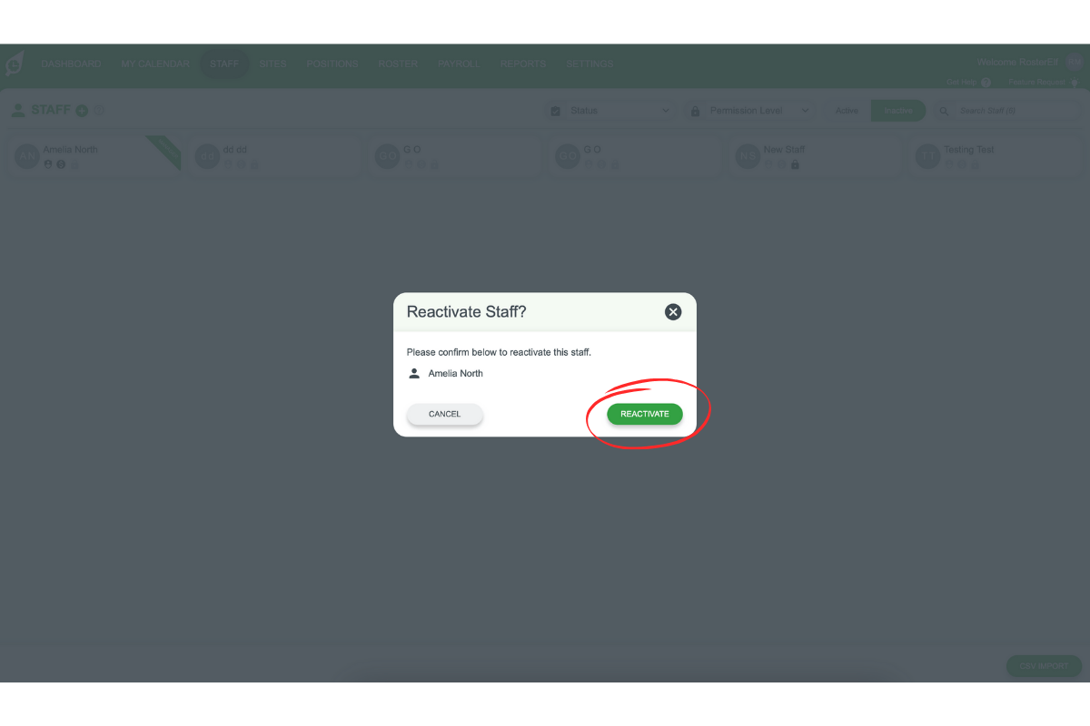 Screenshot of the confirmation popup for reactivating a staff member