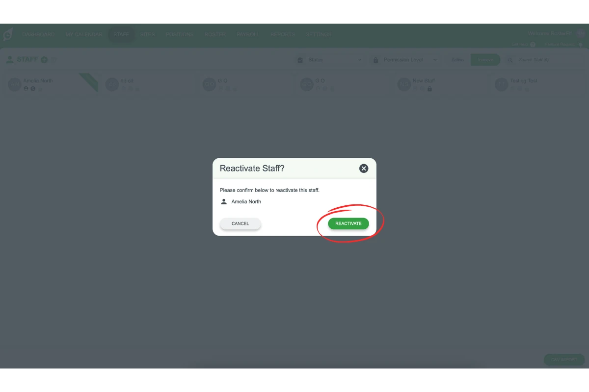 Screenshot of the confirmation popup for reactivating a staff member